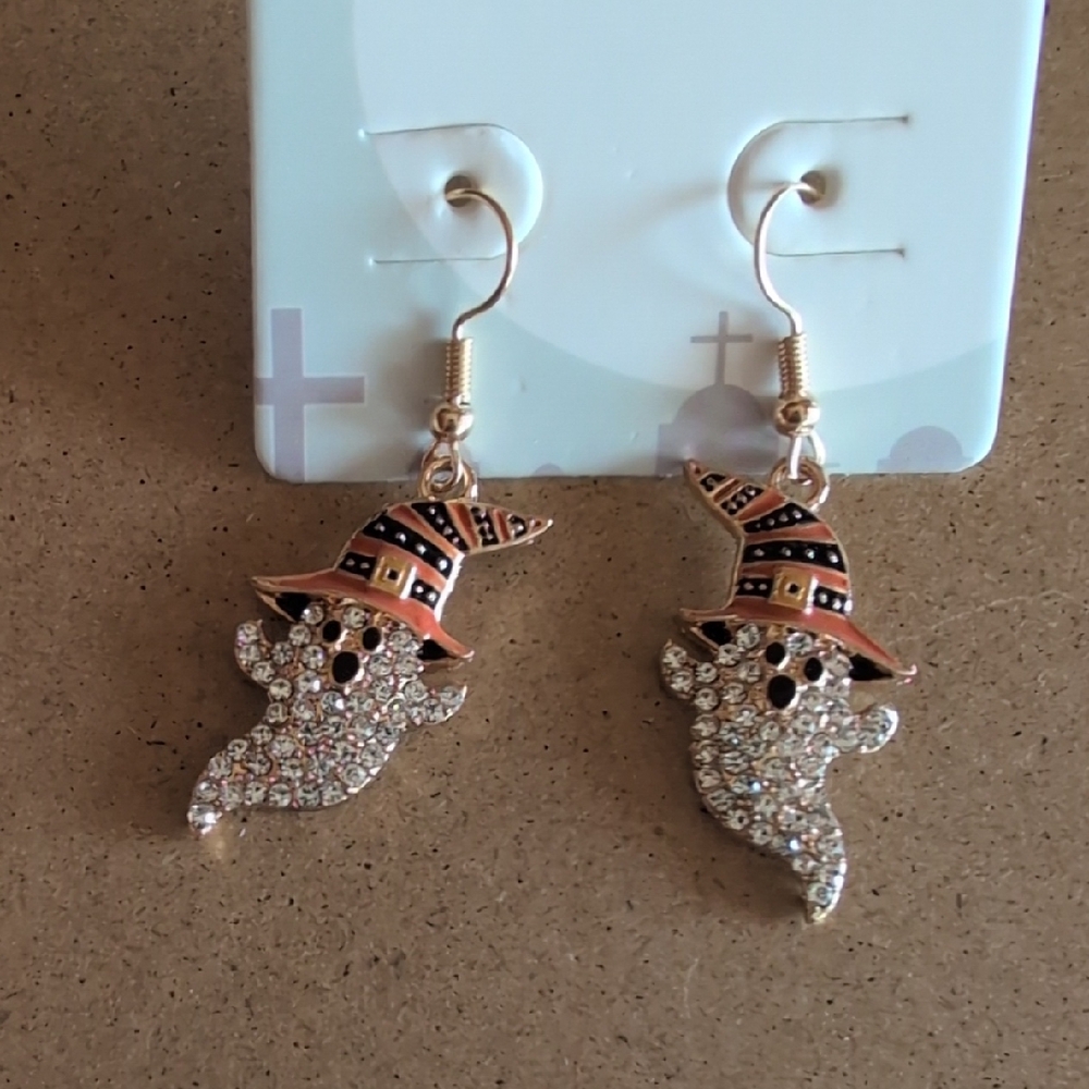 Sparkling Ghost Earrings with Witch Hat